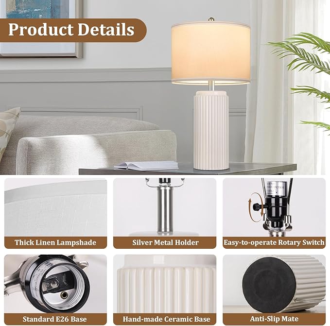 23.5’’ Beige Modern Ceramic Table Lamps Set of 2 for Living Room, Farmhouse Bedside Lamps with Upgraded White Linen Shade, Rustic Nightstand Lamps for Bedroom Home Office, Vintage End Table Dorm - Bloomnest