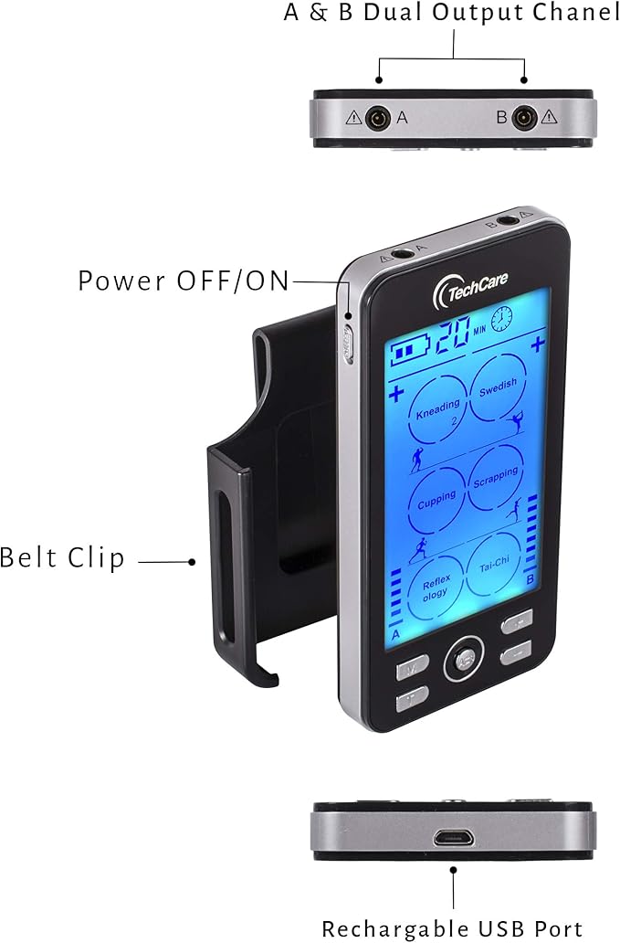 TechCare TENS EMS Muscle Stimulator – Dual Channel Rechargeable Unit with 24 Modes & 20 Intensity Levels for Pain Relief, Back & Sciatica Therapy, Muscle Recovery & Massage TechcareMassager