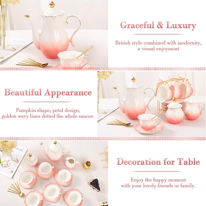 DUJUST 22 pcs Porcelain Tea Set for 6, Luxury British Style Tea/Coffee Cup Set with Golden Trim, Beautiful Tea Set for Women, Tea Party Set, Gift Package (With a Stand) - Gradient Pink - Bloomnest