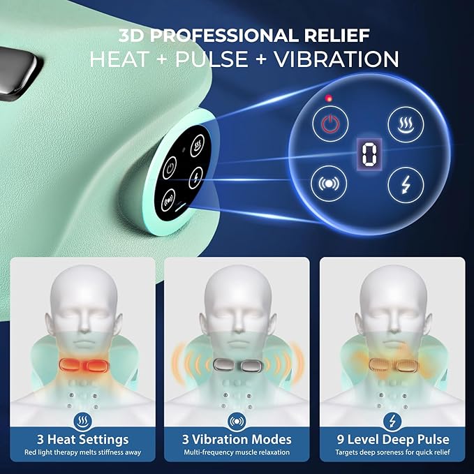 YOUKADA 2025 Upgarded Neck Massager, 3 in 1 Modes, Shoulder Relaxer, Neck Stretcher with Heat for Pain Relief, Ergonomic 26°Shoulder Massager, Portable for Car/Office/Home (Green) - Bloomnest