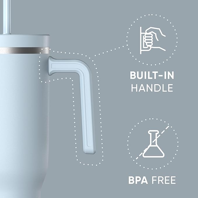 Hydrapeak Voyager 40 Oz Stainless Steel Tumbler with Handle, Insulated Water Bottle With Straw & Lid, Cupholder Friendly Reusable Travel Mug (Powder Blue) - Bloomnest