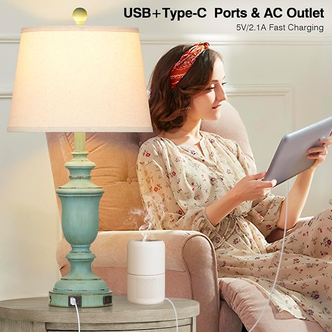 25.6" Farmhouse Table Lamps Set of 2 with USB C+A Ports & AC Outlet for Rustic Living Room Retro Bedroom,3-Way Dimmable Touch Lamp Bedside Lamps for Nightstand Side End Table,Retro Green - Bloomnest