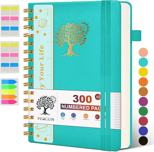 Spiral Notebook Journal for Women Men, 300 Numbered Lined Pages, College Ruled, A5 Hardcover Spiral Bound Notebook for School, Work, Note Taking Writing, Leather Spiral Journal Medium 5.9"x8.5" - Bloomnest