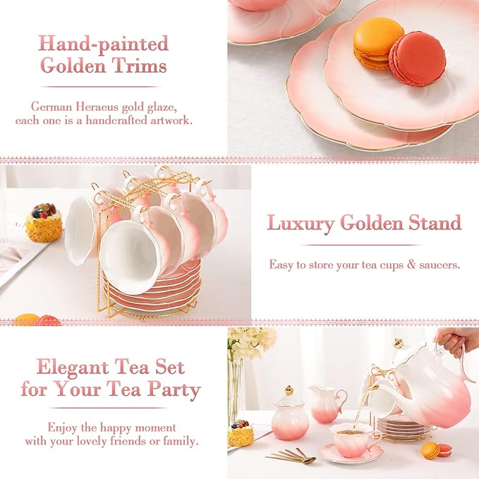 DUJUST 22 pcs Porcelain Tea Set for 6, Luxury British Style Tea/Coffee Cup Set with Golden Trim, Beautiful Tea Set for Women, Tea Party Set, Gift Package (With a Stand) - Gradient Pink - Bloomnest