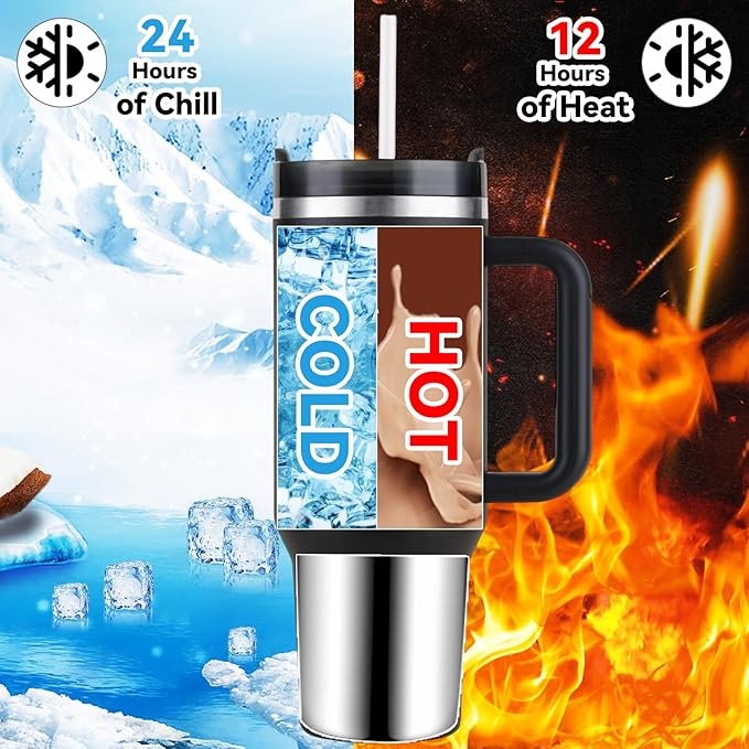 40 oz Tumbler Insulated Mug w/Straw & Flip Cap Lids - Cup Holder Bottle with 6 Accessories Set for Hot, Cold Drink - Leak-Proof - Water, Coffee Portable Travel Mug (Midnight Black) - Bloomnest