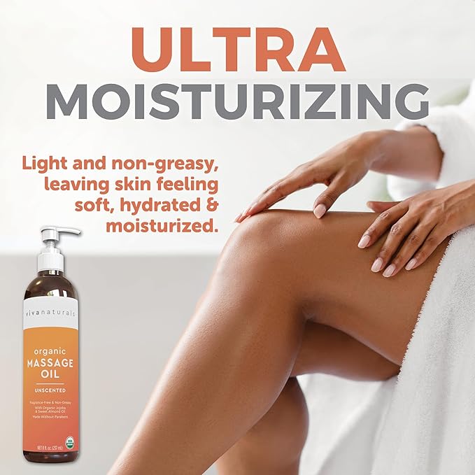 Viva Naturals Organic Massage Oil Unscented (8 fl. oz.) - Non-Greasy Body Oil with Mess-Free Pump, Moisturizing Massage Oils for Massage Therapy, Non-GMO and Certified Organic, 237 mL - Bloomnest