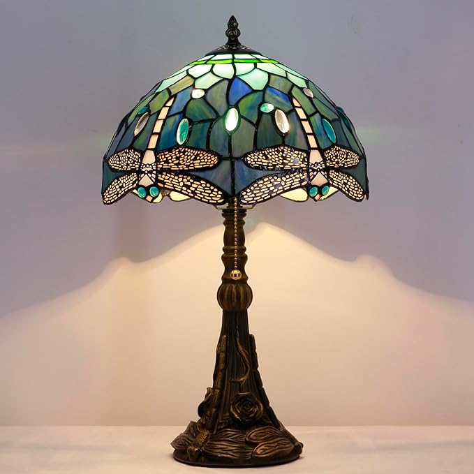 Tiffany Stained Glass Table Lamp 12X12X19 Inch Blue Dragonfly Style Desk Bedroom Living Room Reading Light (Blue Dragonfly) - Bloomnest