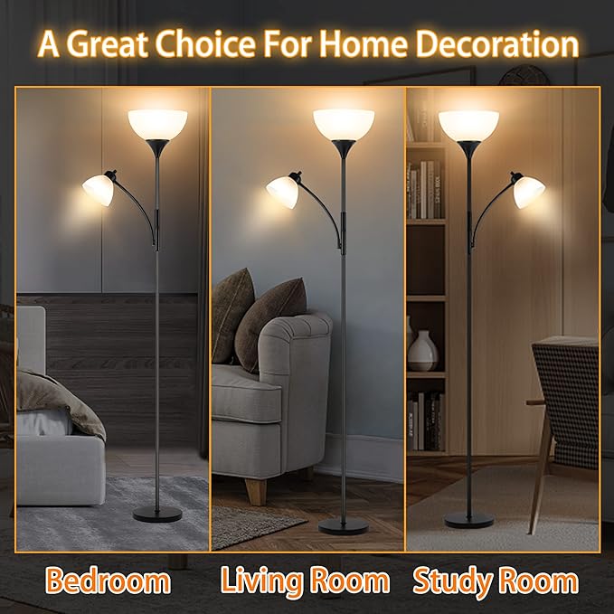 Floor Lamp, Dimmable Standing lamp, Stepless Dimming Brightness, Included 9W and 5W LED Bulbs, Industrial Floor Lamp for Living Room, Bedroom, Office, Reading - Bloomnest
