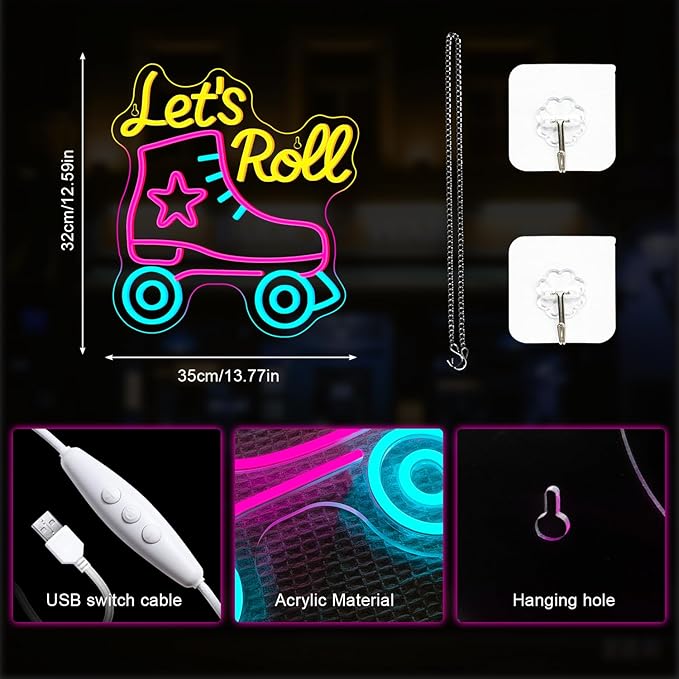 Lucunstar Let's Roll Neon Sign Roller Skating Neon Dimmable Led Sign Party Wall Decor Neon Light up Signs for Roller Skates Store Club Sports Venues Sign Player Room Gift - Bloomnest