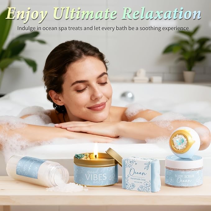 Spa Gifts for Women Bath Gift Set, Ocean Relaxing Spa Gift Baskets Home Bath Set Self Care Kit Care Package Thank You Birthday Valentines Day Gifts for Her Women Mom Friends Sister Teen Girls Wife