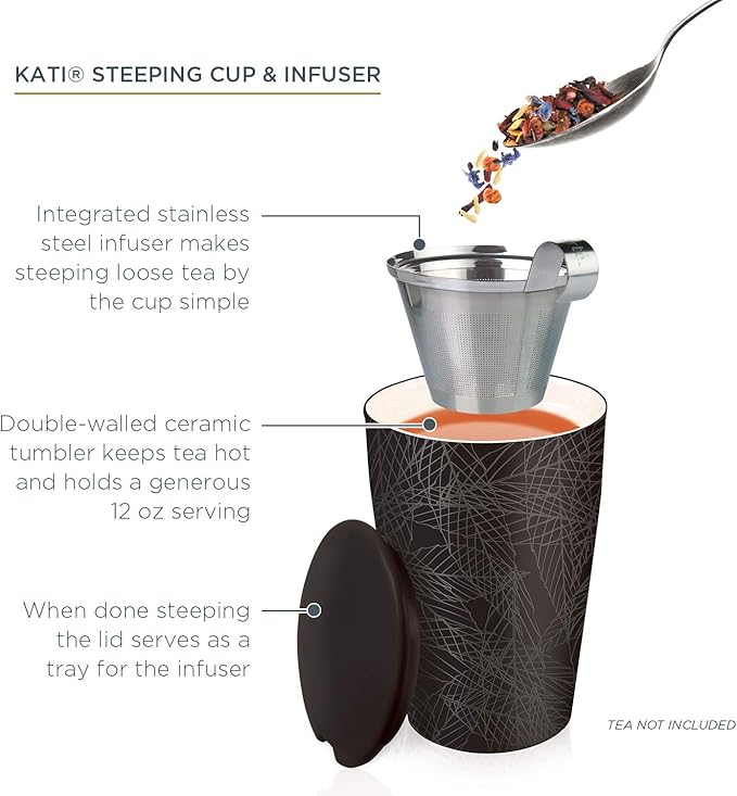 Tea Forte Double-Walled Ceramic Kati Cup, Removable Stainless Steel Infuser Basket and Lid, Steeps 12 oz Loose Leaf Tea, Dishwasher & Microwave Safe, Noir - Bloomnest