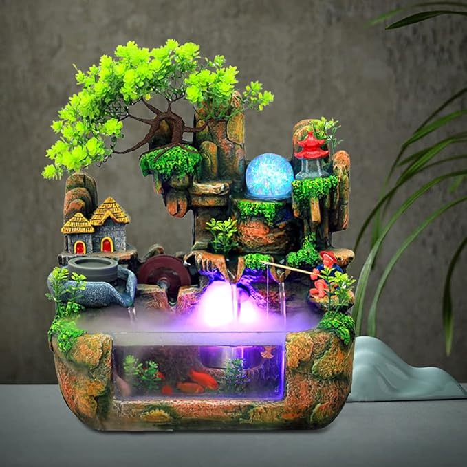 Gdrasuya10 110V Desktop Fountain Fish Tank Mini Waterfall with Fisherman, LED Lighting Fountain Simulation Resin Rockery Water Fountain Bonsai Ornaments for Home, Office, Bedroom, Desk - Bloomnest