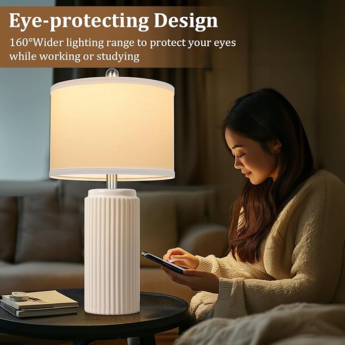 TOBUSA 23.5’’ Modern Ceramic Table Lamps Set of 2 for Living Room, Farmhouse Vintage Bedside Table Lamps with White Linen Shade, Rustic Bedroom Ceramic Lamps for Nightstand Home Office End Table Dorm - Bloomnest