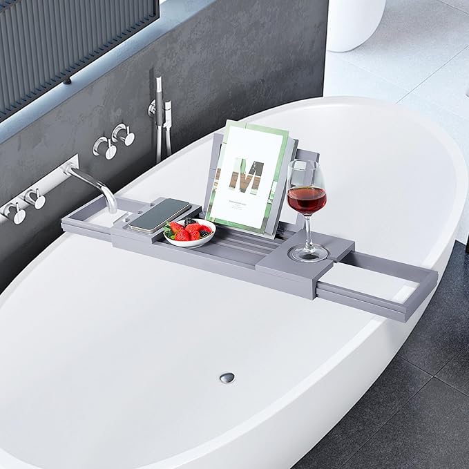 Utoplike Bathtub Tray Caddy Bamboo, Grey Bath Table for Tub Adjustable, Bathroom Organizer with Book Tablet Wine Glass Cup Towel Holder - Bloomnest