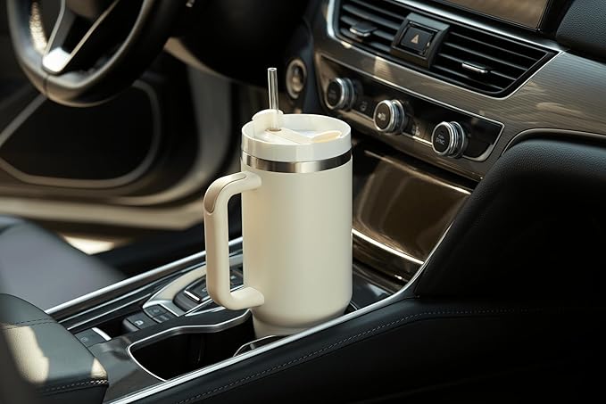 KooK Tumbler with Straw and Handle, 40 Oz, Stainless Steel, Vacuum Insulated Travel Coffee Mug, Reusable Double Walled Water Bottle, Keeps Hot or Cold (Antique White) - Bloomnest