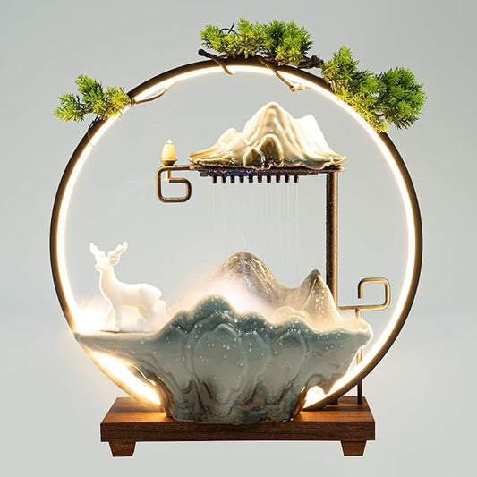 Waterfall Fountain with LED Light, Desktop Water Fountain with Mist Maker & Backflow Incense Burner, Green Ceramic Base with White Deer, Zen Indoor Fountain Decor for Home Office Desk