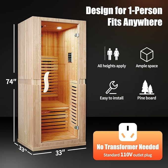 Infrared Home Sauna Room 1 Person Low emf far Infrared Infrared Sauna with Red Light Therapy/Bluetooth Speakers/Personal Indoor Dry Heat Sauna for Home Gym-Made from Pinus sylvestris Bloomnest