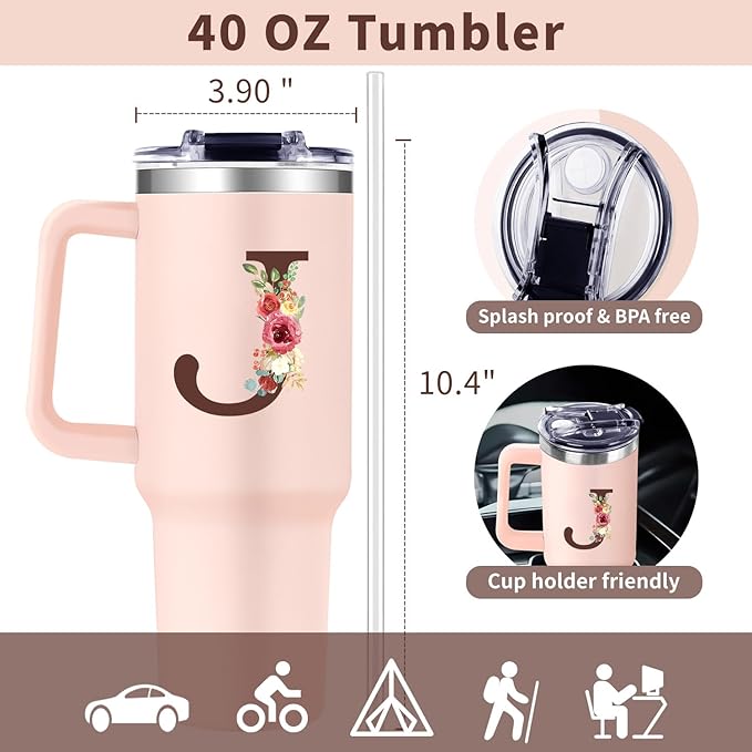 Monogrammed 40oz Tumbler with Handle for Women, Personalized Birthday Gifts for Women,Initial Cups for Woman Floral Letter J,Customized Gifts for Female Lady Gift for Mothers Day Christmas - Bloomnest