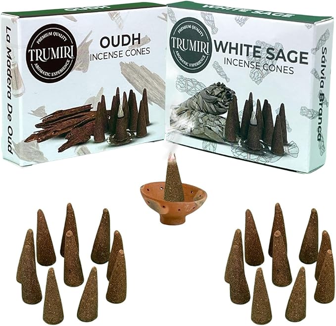 Incense Cones - Combo Pack of 20 Cone Incense - 10 White Sage + 10 Oud - Insence Cones - Incense Cones Scented - Cone Incense Scents - Insense Cones - Incent Cone TRUMIRI