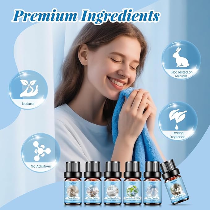 Essential Oils Set, Clean Scents Fragrance Oil Aromatherapy Essential Oils Kit for Diffuser (6x10ML) - Baby Powder, Bedtime Bath, Clean Cotton, Eucalyptus & Mint, Fresh Home, Fresh Linen Scented Oil - Bloomnest