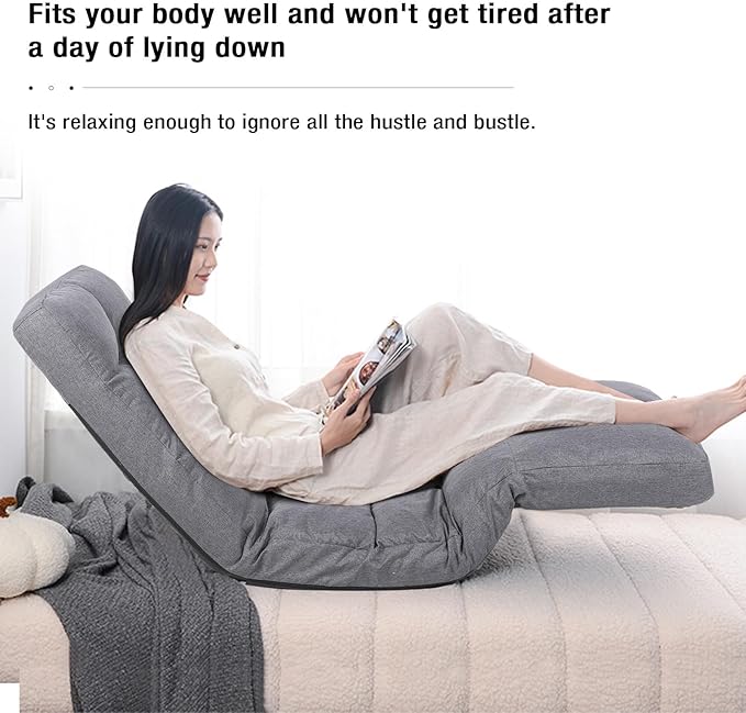 Floor Chair with Footrest Adjustable Backrest with 14 Positions Footrest 5-Position Adjustment Foldable Floor Gaming Chair for Easy Storage Linen Fabirc Chaise Lounge 086 (Grey)