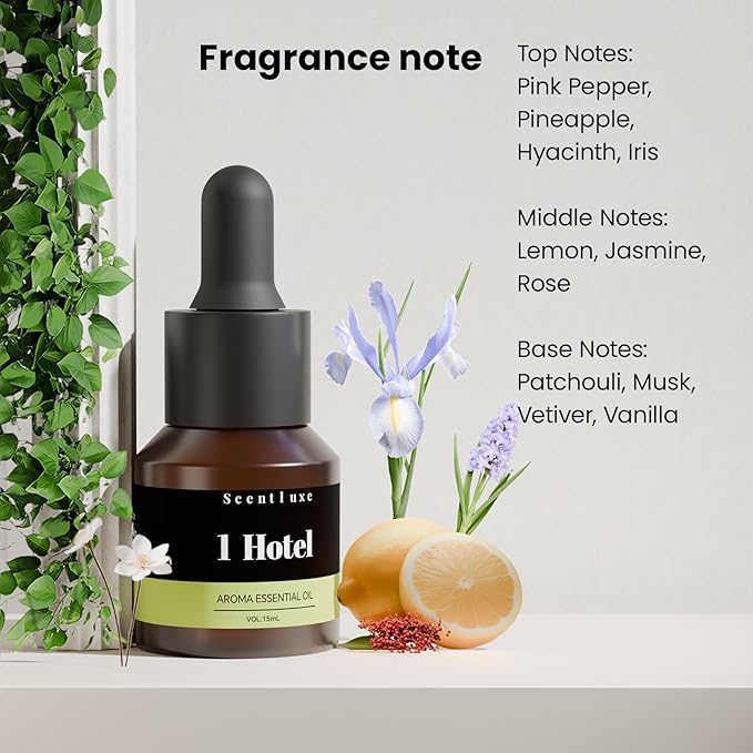 Essential Oil & Aromatherapy Diffuser Oils by The 1 Hotel Scent - Pepper, Lemon, Patchouli Notes. Premium 15mL Glass Dropper Bottle for Ultrasonic/Waterless Diffusers, Crafting 5-Star Hotel Fragrance - Bloomnest