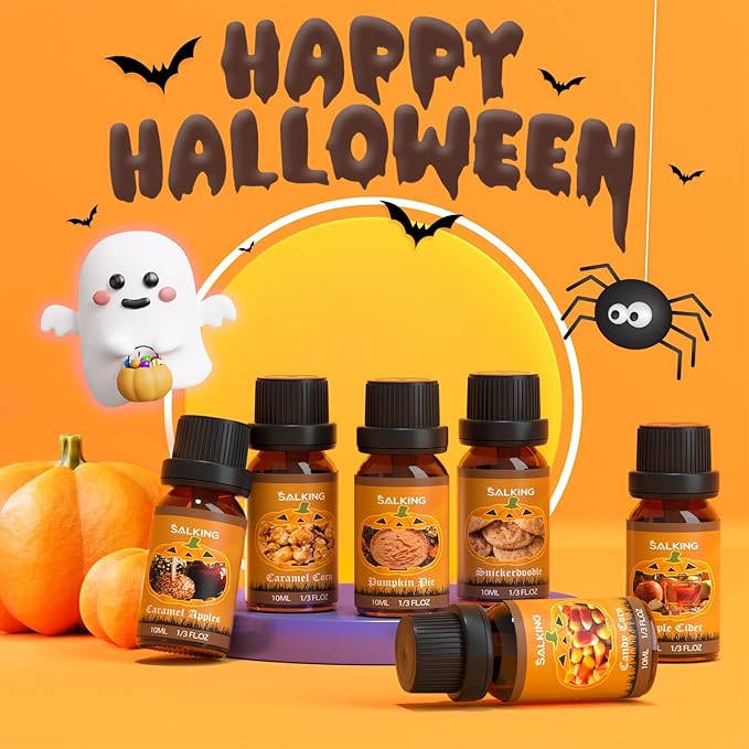 SALKING Halloween Fragrance Oils, Premium Essential Oils for Diffuser, Scented Oils Gift Set for Soap Candle Making - Pumpkin Pie,Caramel Apples,Candy Corn, Snickerdoodle, Caramel Corn, Apple Cider - Bloomnest