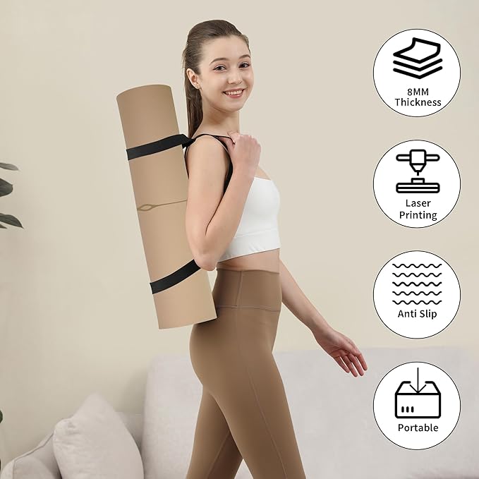 HAHE Yoga Mat Thick (8MM,1/3"), Eco-Friendly POE Non Slip Yoga Mat, High Rebound & Shock Absorption, Anti-Tear & Sweat-Resistant for Yoga, Fitness, Home, Workouts, Large Pilates Mats 72"x24" with Carrying Strap - Bloomnest