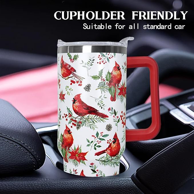 Ceovfoi 40 Oz Red Cardinal Tumbler With Handle,Christmas Coffee Travel Mug Cup, Red Cardinal Decor, Christmas Gifts for Women - Bloomnest