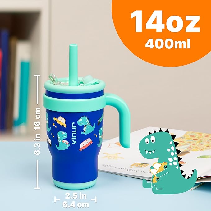 VINUR Kids Tumbler with Handle 14 oz Stainless Steel Double Wall Vacuum Insulated Tumbler with Lid and Straw, Leak Proof Water Cup for Travel (Dinosaur) - Bloomnest