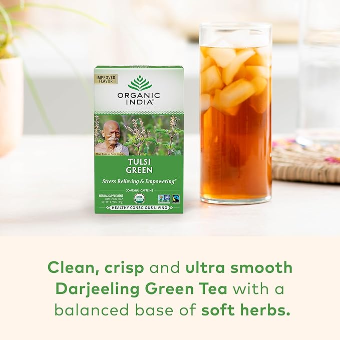 Organic India Tulsi Green Tea Bags - Holy Basil Tea, African Basil, Stress Relieving, Immune Support, USDA Certified Organic, Premium Darjeeling Green Tea, Caffeinated - 18 Infusion Bags, 6 Pack - Bloomnest