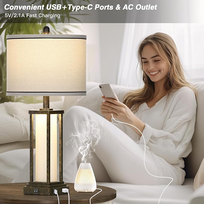 27" Tall Vintage Table Lamp with USB C+A & Outlet,Bronze Industrial End Table Lamp for Living Room,Farmhouse Rustic Bedside Lamp with Frosted Glass Night Light for Bedroom Nightstand,Bronze-1P - Bloomnest