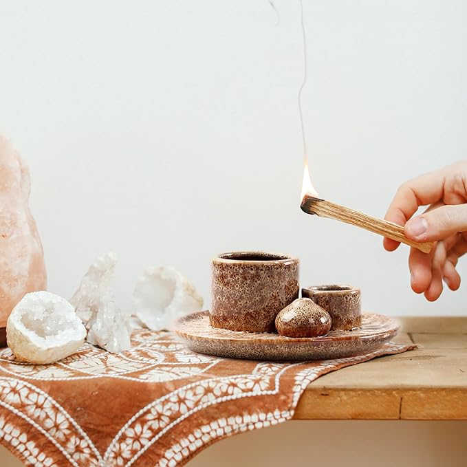 4 in 1 Ceramic Incense Holder, Palo Santo Stick Holder, Sage Holder for Burning, 5.2" Ash Catcher Tray for Meditation, Yoga & Home Decor (Brown)