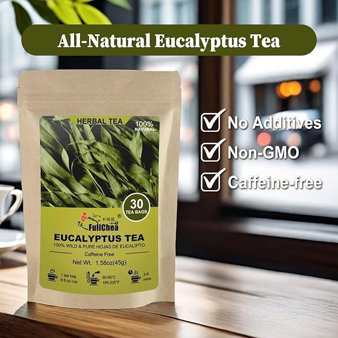 FullChea - Natural Eucalyptus Tea Bag 30 Teabags, 1.5g/bag - Premium Hojas de Eucalipto - Non-GMO - Caffeine-free - Boost Respiratory Health - Bloomnest