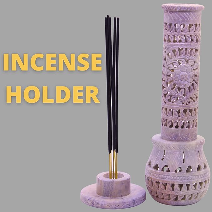 Handmade Carving Round Soapstone Incense Stick Tower Holder | Marble Incense Stick Tower Burner Holder Spa Aromatherapy Home Office Fragrance Accessories Home Office Decor - (11 X 3 Inches) - Bloomnest