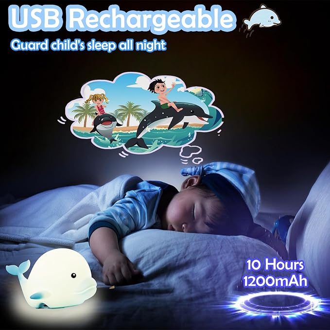 Dolphin Night Light for Kids Cute Night Light,16 Colors Silicone Dimmable Baby Night Lights for Nursery, Rechargeable Nightlight for Kids Room,Gifts Stuff for Boys Girls Baby,Toddler Decor - Bloomnest
