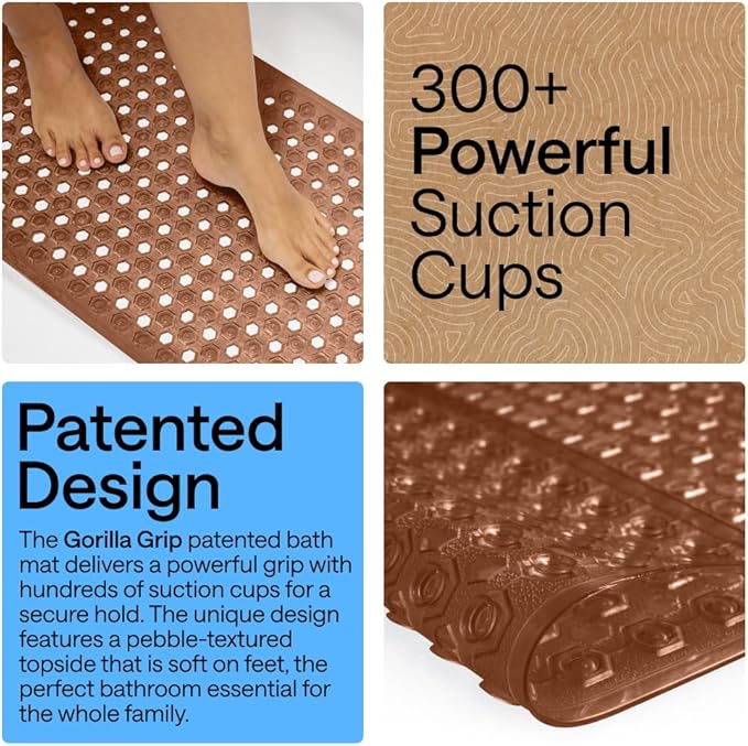 GORILLA GRIP Patented Bath Tub Shower Mat, Machine Washable Bathtub Floor Liner Mats, Suction Cups and Drain Holes to Keep Tubs Clean, Soft on Feet, Bathroom Essentials, 35x16 Inch, Brown - Bloomnest