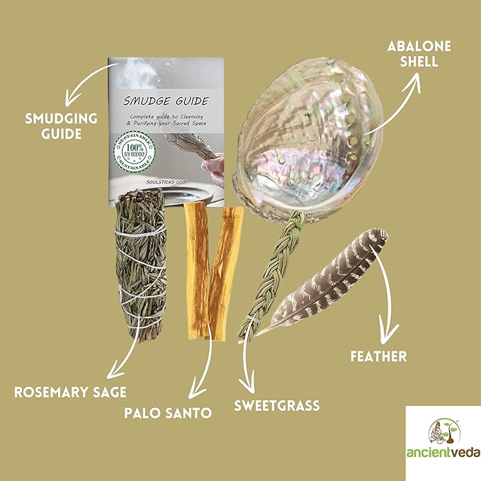Ancient VEDA Organic Smudge Kit – Rosemary, Palo Santo, Sweetgrass, Abalone Shell, Feather & Smudge Guide | Smudging Kit for Home Energy Cleansing, Meditation, Healing (Healer's Kit, Rosemary Sage) AncientVeda
