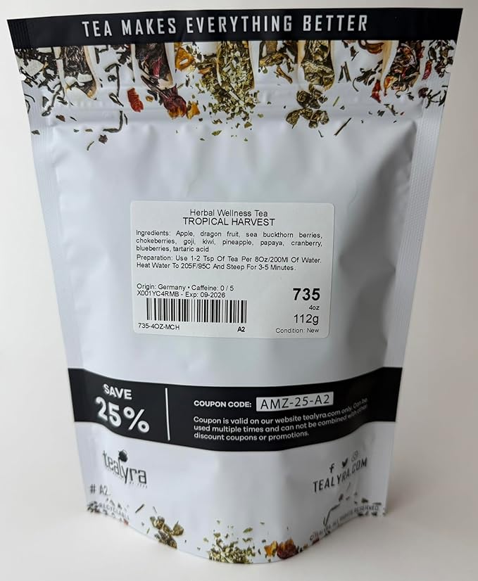 Tealyra - Tropical Harvest - Dragon Fruit - Sea Buckthorn - Goji - Pineapple - Cranberry - Fruity Herbal Loose Leaf Tea - Caffeine Free - Hot or Iced - 112g (4-ounce) - Bloomnest