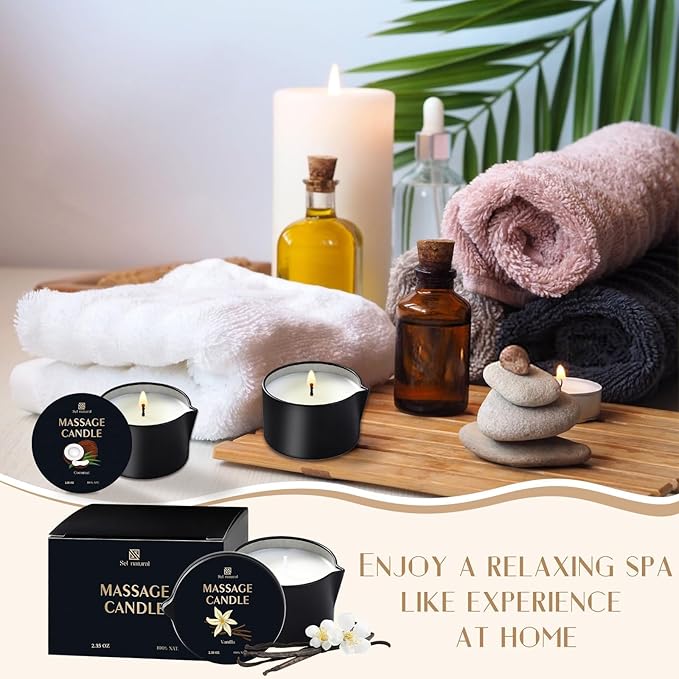 3 Pack Massage Oil Candles 2.35oz Low Temp Massage Candles 3 Scent Vanilla, White Tea, Coconut Spa Therapy Body Oil Home Gift for Relaxation, Couples, or Self-Care (Vanilla, White Tea, Coconut) - Bloomnest
