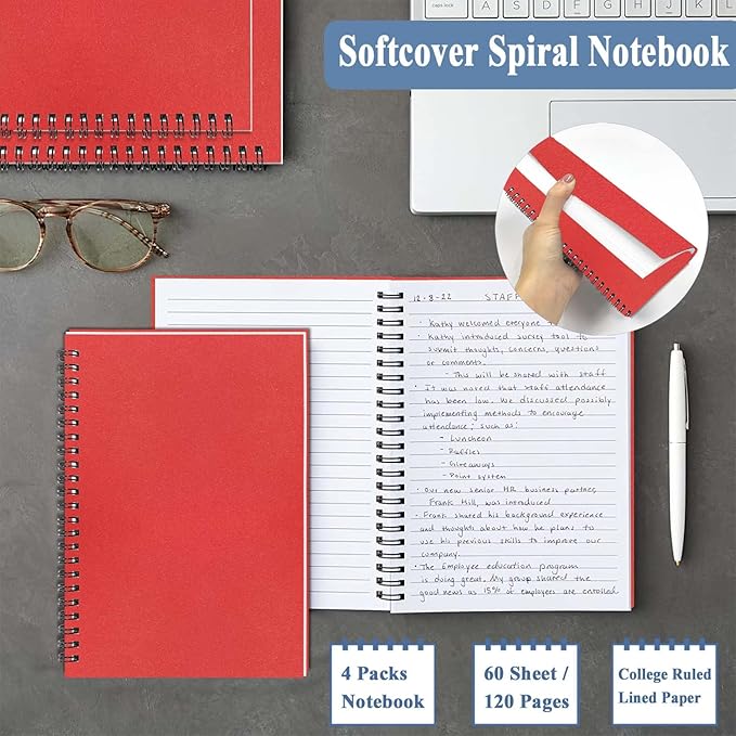 GINMLYDA 4Pack Small Spiral Notebook A5, 8.25x5.5” 120 Lined Pages Wide Ruled Spiral Journal Bulk Blank Kraft Cover Spiral Bound Notebook & Writing Pads for Home Office Meeting Work Note Taking - Bloomnest