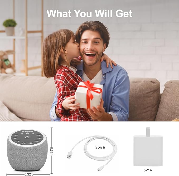 White Noise Sound Machine for Sleeping, 361 Soothing Sounds, Smart APP Control, Custom Buttons, Non Looping Natural Sounds, Bedside Dimmable Clock, Night Light, Santebee for Adults Baby Kids Lullaby