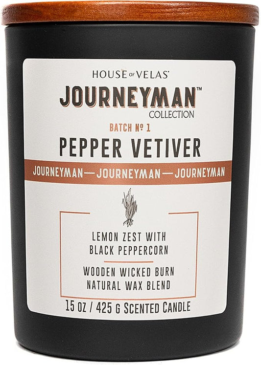 Journeyman Collection Candle, 15oz, Wooden Wick, Pepper Vetiver, Large Painted Jar - Bloomnest