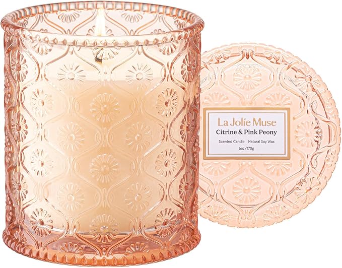 LA JOLIE MUSE Citrine & Pink Peony Scented Candles - Bergamot, Peony, Amber | 6 oz Natural Soy Wax | 40 Hours Clean Burn | Citrus Scented Candle| Gift-Ready for Hosts & Gatherings - Bloomnest