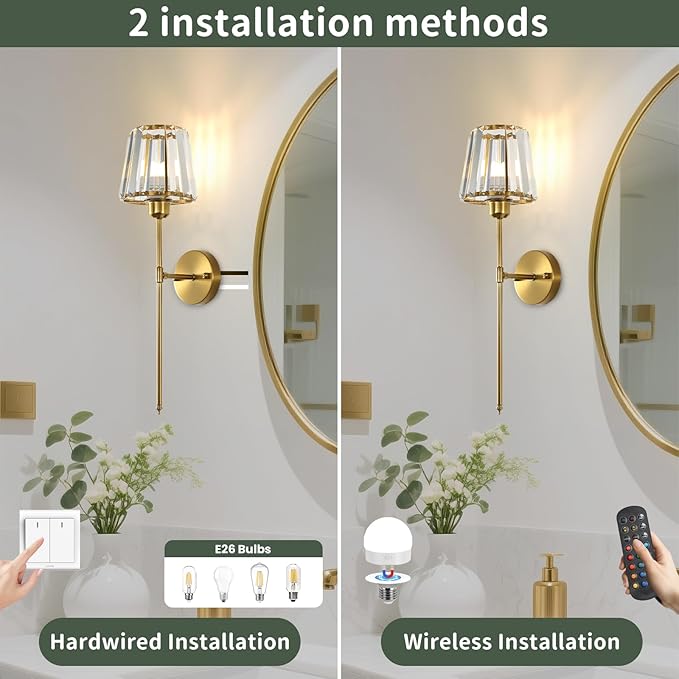 Battery Operated Crystal Wall Sconce Set of 2, Brushed Gold Wireless Wall Light with Remote Control, LED Dimmable 15 Colors USB Rechargeable Light Bulbs Wall Lamp for Bedroom Living Room Hallway - Bloomnest