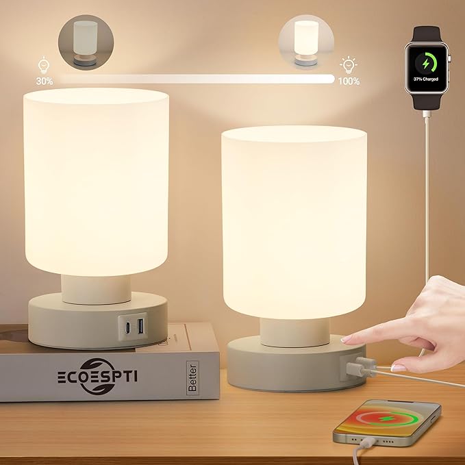 Touch Bedside Lamp, Mini Stepless Dimmable Table Lamps for Bedroom for Night Stands, Small Desk Lamp with Brightness Memory, USB Charging Ports, Warm LED Bulb, White, Cylindrical Shape, 2 Set - Bloomnest