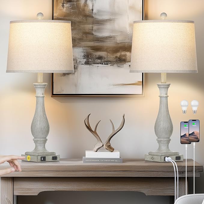 27.5" Farmhouse Table Lamps Set of 2 with USB C+A Ports & AC Outlet for Vintage Living Room Retro Bedroom, 3-Way Dimmable Touch Lamps Resin Bedside Lamps for Nightstand Side End Table, Grey - Bloomnest