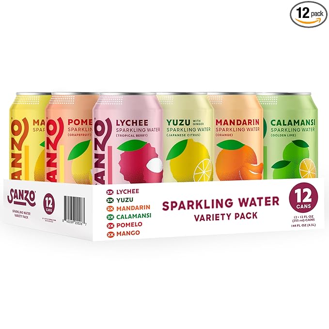 Sanzo Flavored Sparkling Water Variety Pack - Yuzu Lemon, Calamansi Lime, Pomelo Grapefruit, Mango, Lychee, Mandarin Orange - Asian Drinks Carbonated Flavored Water, Fizzy Seltzer - 12oz, 12 Pack - Bloomnest