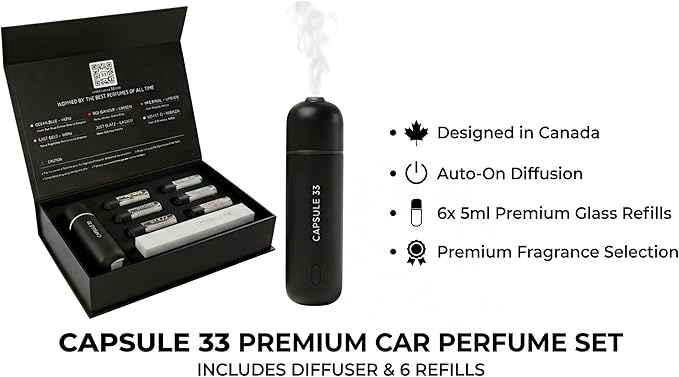 Car Perfume Diffuser, (UPGADED) Air freshener, Waterless Diffuser, Smart Ultrasonic Air Freshener with 6 Premium Fragrances, Automatic (On/Off), Car Gift for Men and Women (Black) - Bloomnest