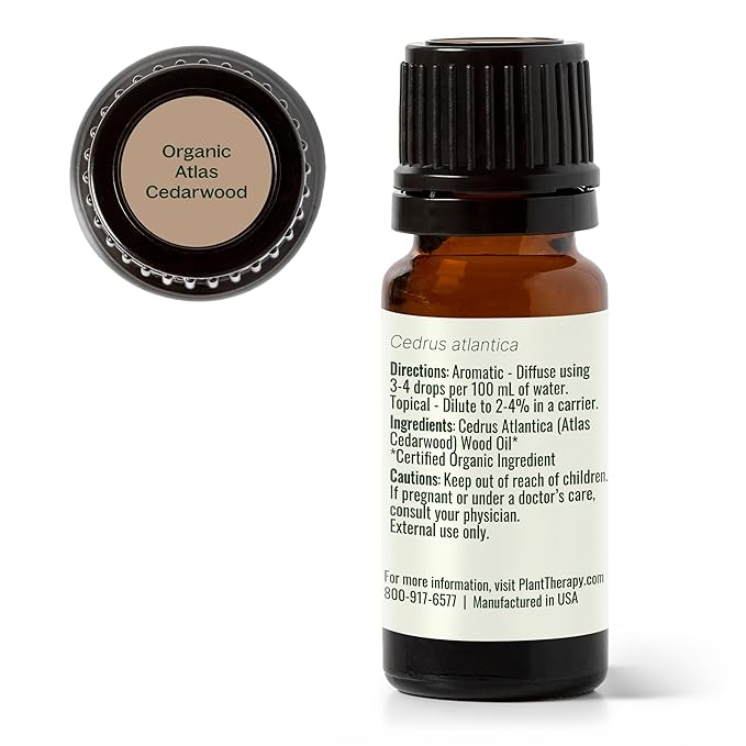 Plant Therapy Organic Atlas Cedarwood Essential Oil 100% Pure, USDA Certified Organic, Undiluted, Natural Aromatherapy for Diffusion, Skin, and Hair, Therapeutic Grade 10 mL (1/3 oz) PlantTherapy